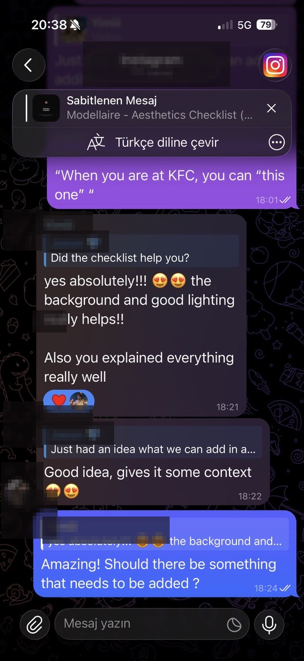 Censored Telegram about lighting, background, and a Modellaire aesthetics checklist