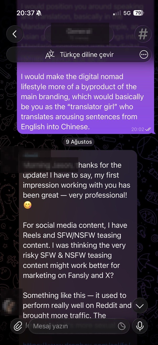 Censored Telegram where a creator says the first impression was very professional