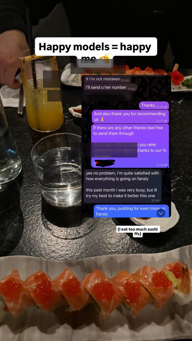 Censored Telegram about Fansly results and referring another creator